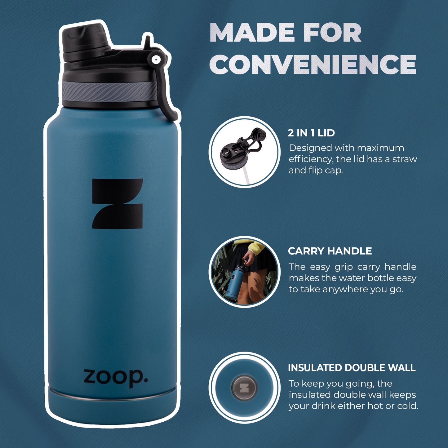 Eco-Friendly, Leak-Proof Water Bottle | ZOOPBOTTLE - Insulated Stainless Steel Water Bottle with 2-in-1 Sports Lid & Straw - 32oz - Blue