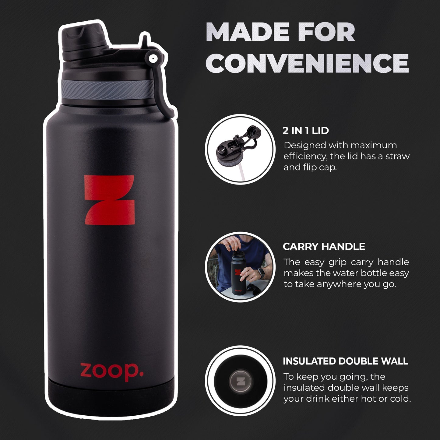 Eco-Friendly, Leak-Proof Water Bottle | ZOOPBOTTLE - Insulated Stainless Steel Water Bottle with 2-in-1 Sports Lid & Straw - 32oz - Black